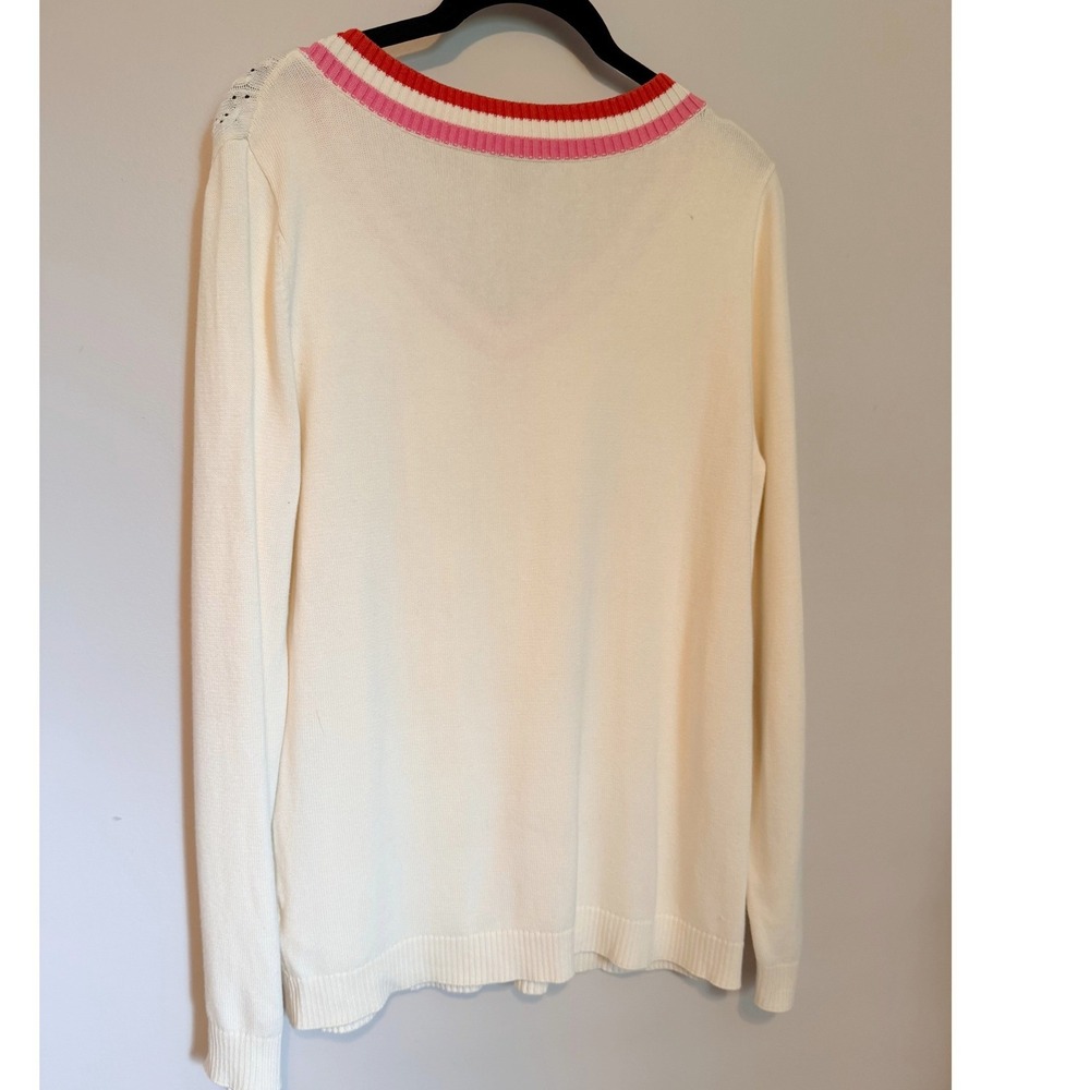 Talbots V-Neck Sweater Womens M Ivory Excellent Pink Orange Trim Cable Knit - Picture 2 of 8